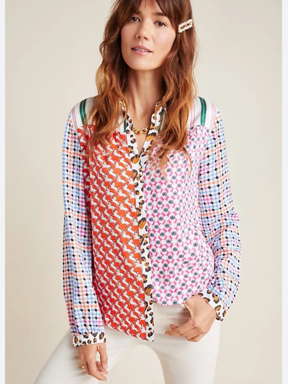 NEW Maeve Anthropologie Button Up Mix Print Top Women's Medium